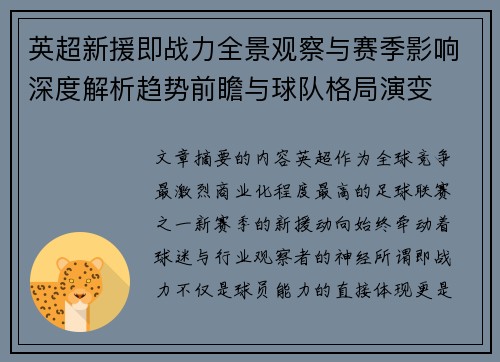 英超新援即战力全景观察与赛季影响深度解析趋势前瞻与球队格局演变