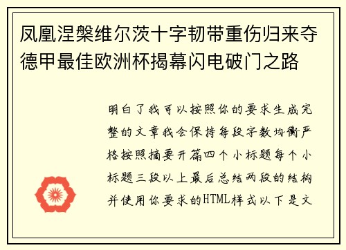 凤凰涅槃维尔茨十字韧带重伤归来夺德甲最佳欧洲杯揭幕闪电破门之路