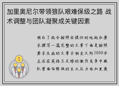 加里奥尼尔带领狼队艰难保级之路 战术调整与团队凝聚成关键因素 加里奥尼尔带领狼队艰难保级之路 战术调整与团队凝聚成关键因素